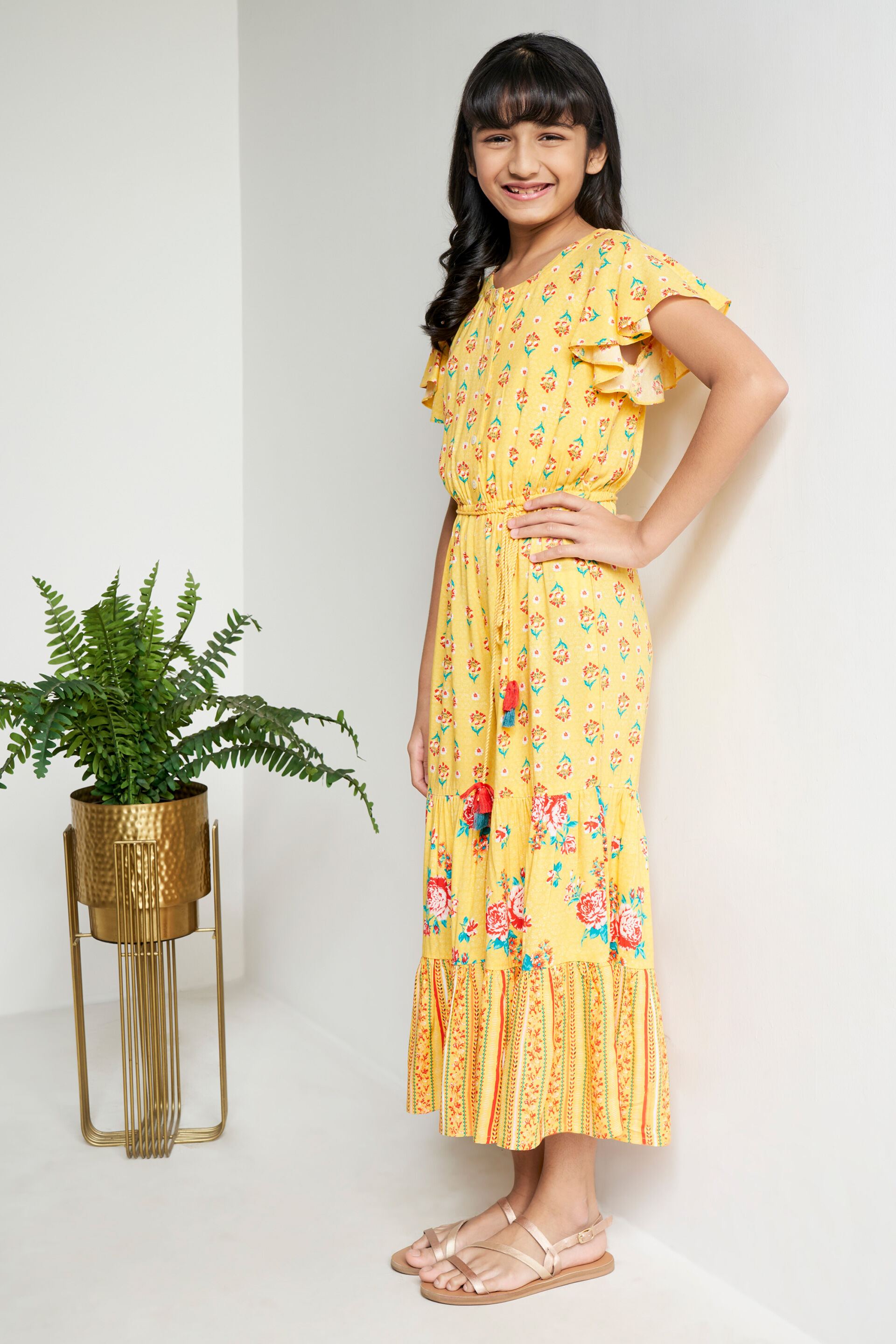 Buy Yellow Floral Gathered Jumpsuit Online at Best Price at Global Desi SS23GKR003JSRY